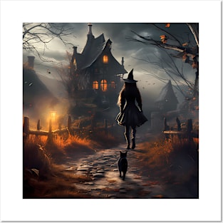 Young Witch Walking Home With A Black Cat Posters and Art